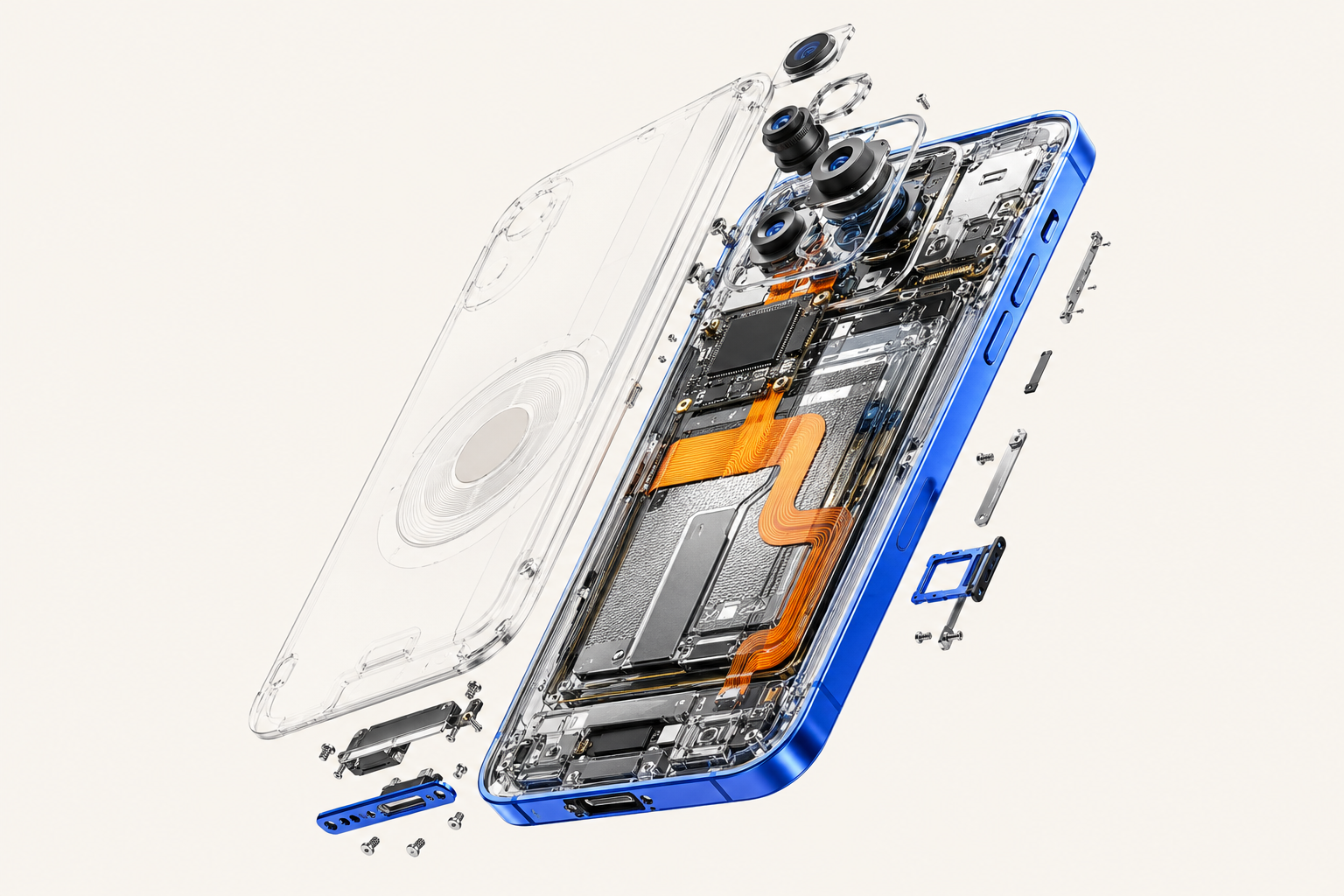 အစိတ်အပိုင်းများခွဲပြထားသည့် premium smartphone 3D ပုံ